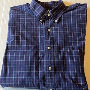 Ralph Lauren-L-Purple plaid-long sleeve, button-down,100% two-ply cotton, shirt.